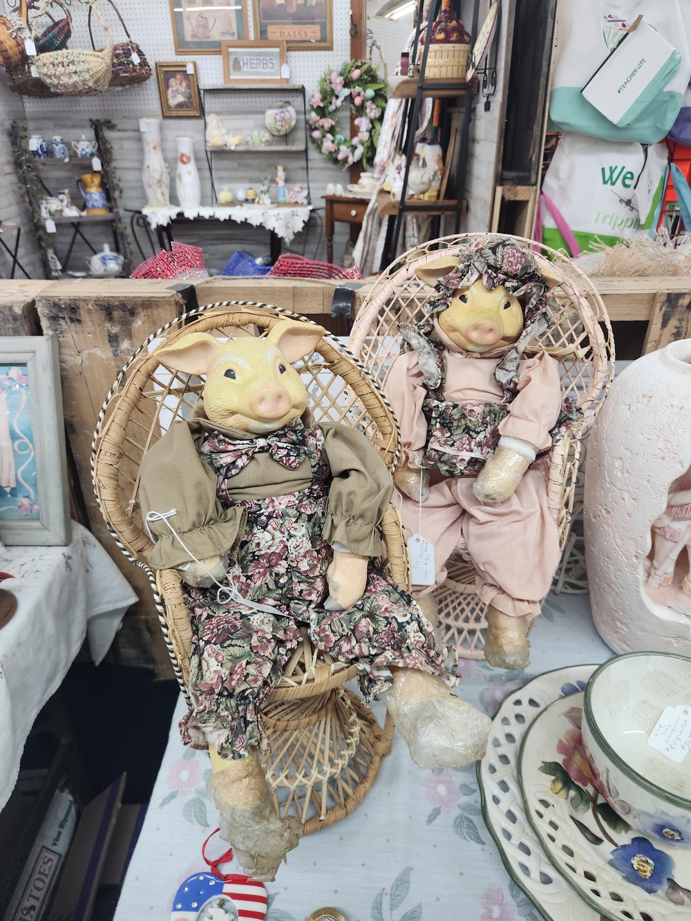 Pair of Vintage Pig Doll Figurines in Floral Dresses